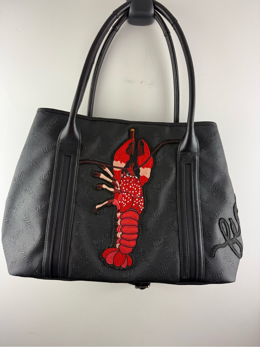 FION Monogram Lobster Embroidered Large Tote Bag Leather Trim Black Nautical